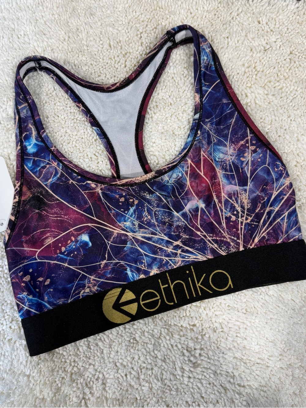 ethika Purple and Blue Floral Racerback Swim Top with Gold Logo